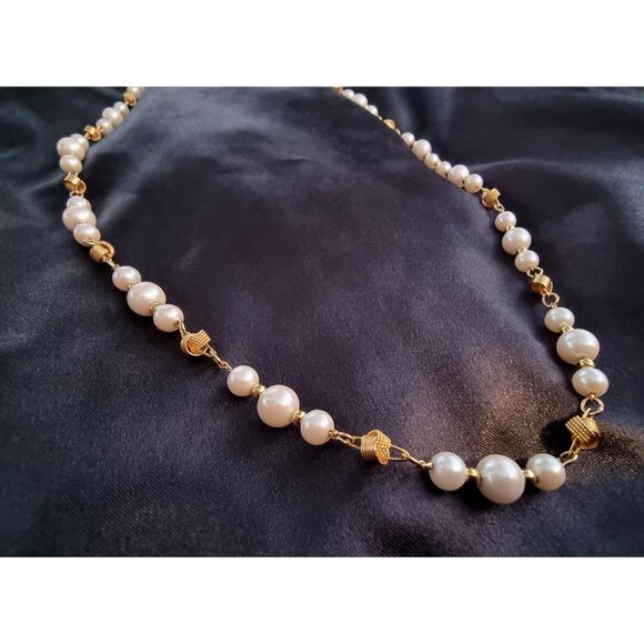 Vintage TRIFARI 1990s Faux Pearl Gold Tone Filigree Link Long Strand Necklace - Picture 3 of 5